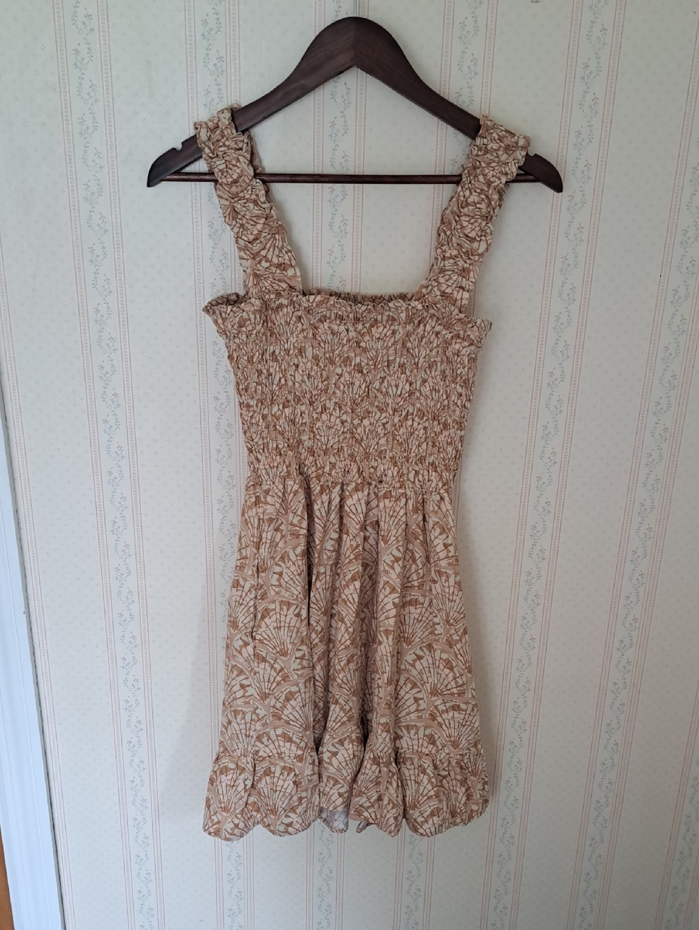 Madewell Lucie Smock Linen Blend Sun Dress with Tan And Pink Leaf Print - Size S - Picture 4 of 12